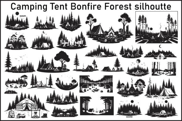 Camping Tent Bonfire Forest Silhouette Design Guide