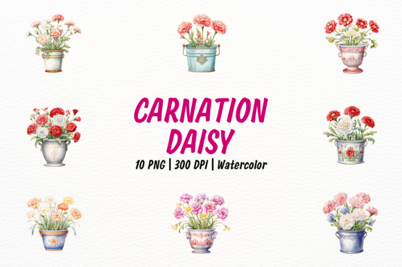 Carnation and Daisy Bouquet Vintage Pot