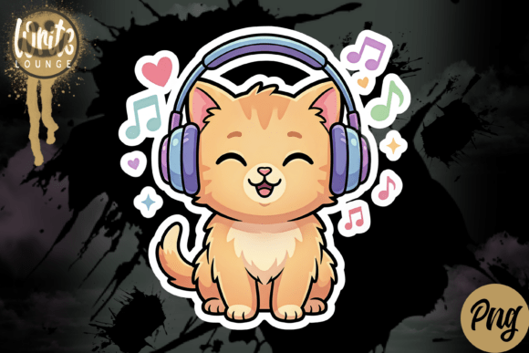 Cute Cat Listening to Music Kawaii Carto