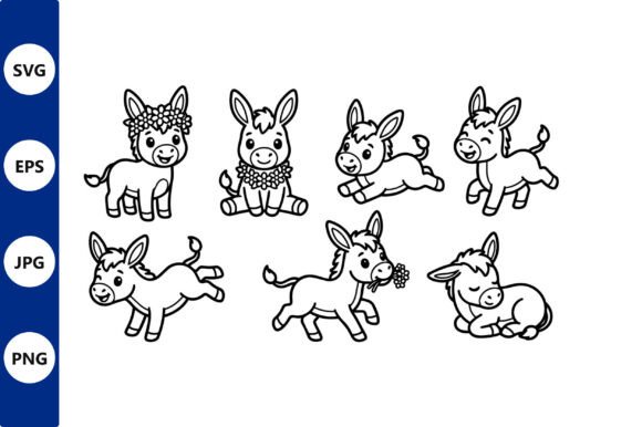 Donkey Line Art Set with Flowers and