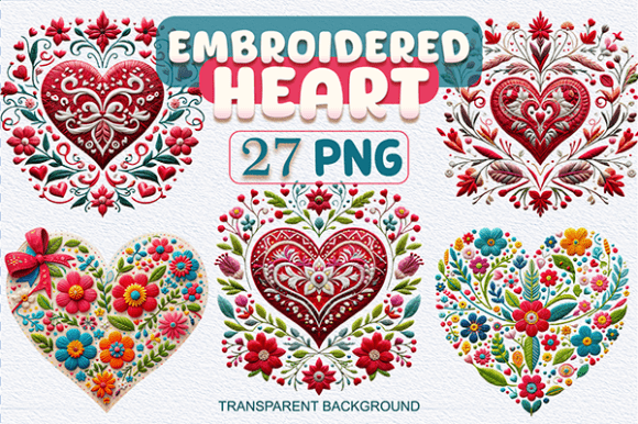 Embroidered Floral Heart Bundle Clipart