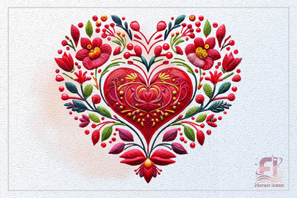 Embroidered Floral Red Heart Clipart PNG