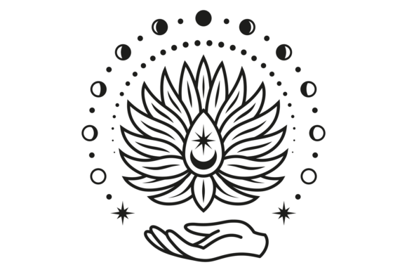 Lunar Flower Drawing: Moon Phase Decorative Symbols for Modern Design