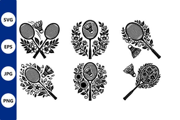 Ornate Floral Badminton Racket Vector: Integrating Elegant Line Art into Creative Workflows