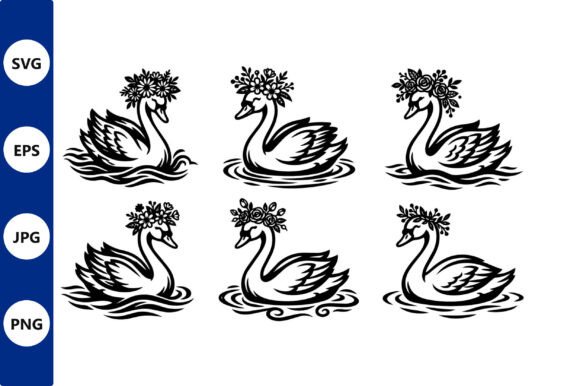 Swans with Flower Crowns in Black: A Timeless Vector Illustration for Modern Design