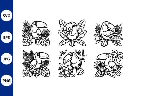 Toucans Line Art on Tropical Leaves: A Versatile Design Resource for Creators