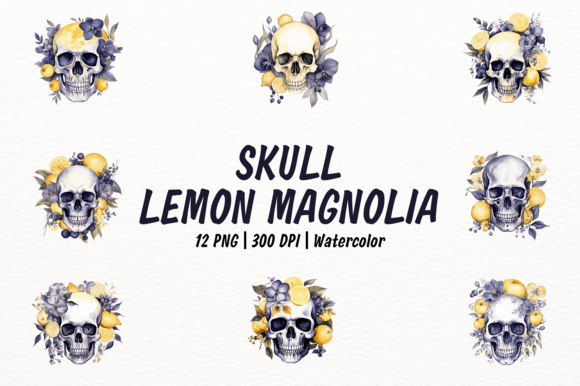 Watercolor Skull with Magnolia Lemon